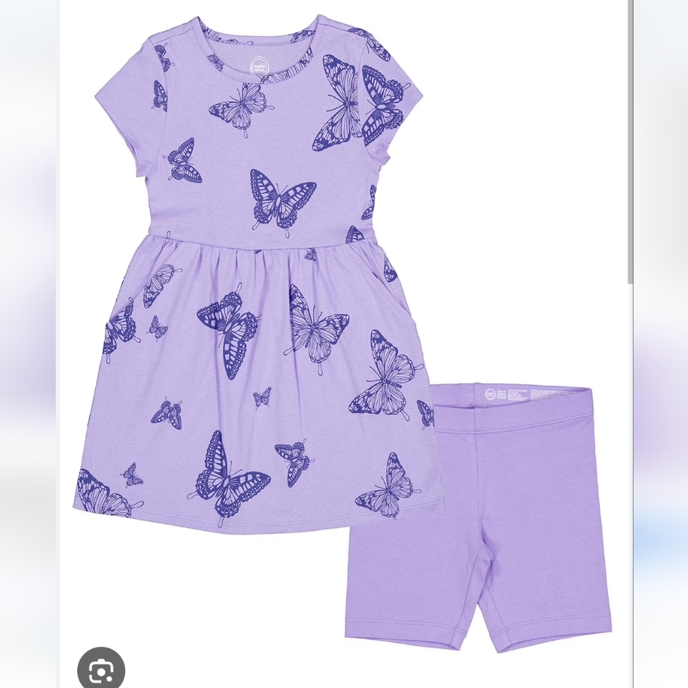 Purple Butterfly Print Dress and Shorts Set